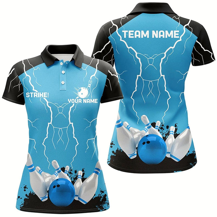 Goofygear Women Bowling Polo Shirt Custom Bowling Strike Lightning Storm Thunder Team League Jerseys Blue