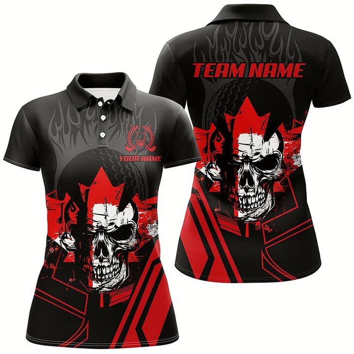 Goofygear Black And Red Skull Canadian Flag Womens Golf Polo Shirts Custom Patriotic Golf Attire For Women