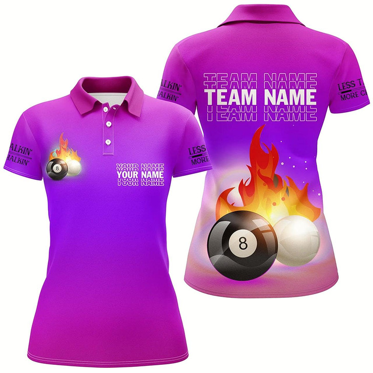 Goofygear Personalized 8 Ball And Cue Ball Pool Purple 3D Polo Shirts For Women, Custom Name Billiard Jerseys