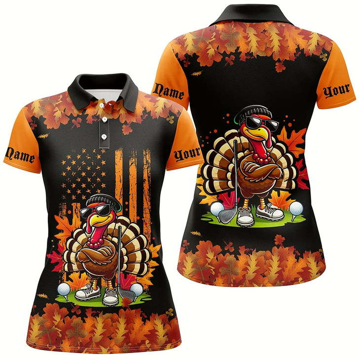 Goofygear Black And Orange Autumn American Flag Thanksgiving Turkey Custom Women Golf Polo Shirts Golf Gift