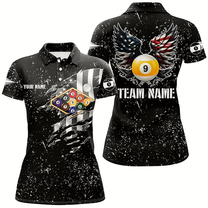Goofygear Personalized Us Flag Billiard Balls 3D Polo Shirts For Women, Funny Billiard 9 Ball Wings Jerseys