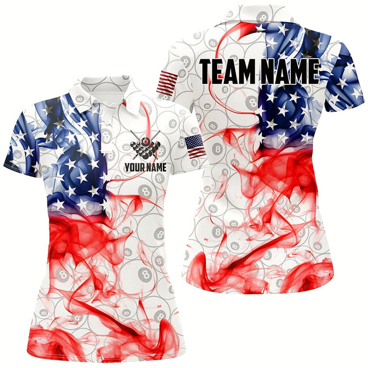Goofygear Personalized Vintage Smoke Us Flag Billiard 3D Polo Shirts For Women, White 8 Ball Pool Team Jerseys
