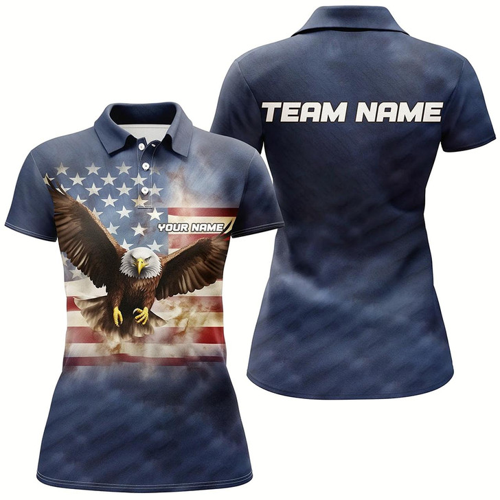 Goofygear Eagle American Flag Custom Womens Bowling Polo Shirts, Patriotic Bowling Team Jerseys.