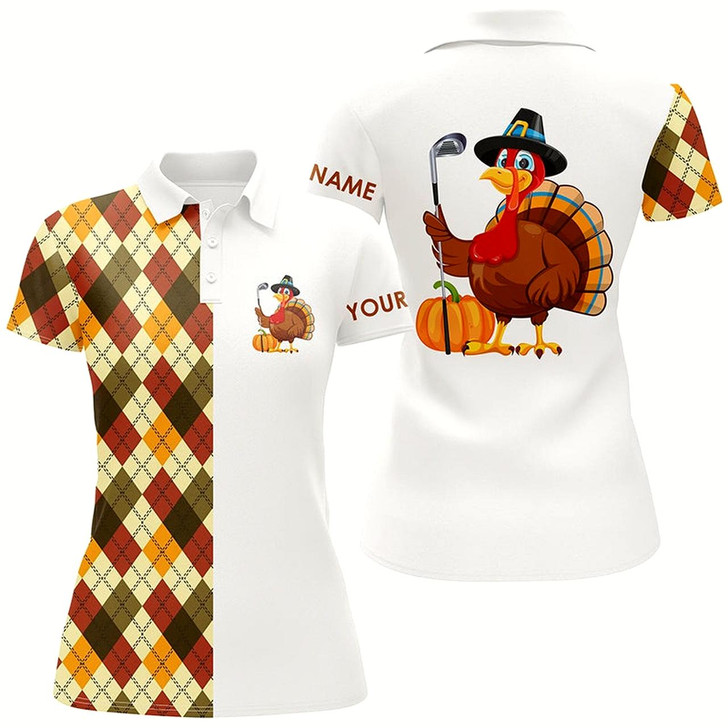 Goofygear Thanksgiving Argyle Plaid Pattern Custom Women Golf Polo Shirt, Turkey Bird Golf Tops For Ladies