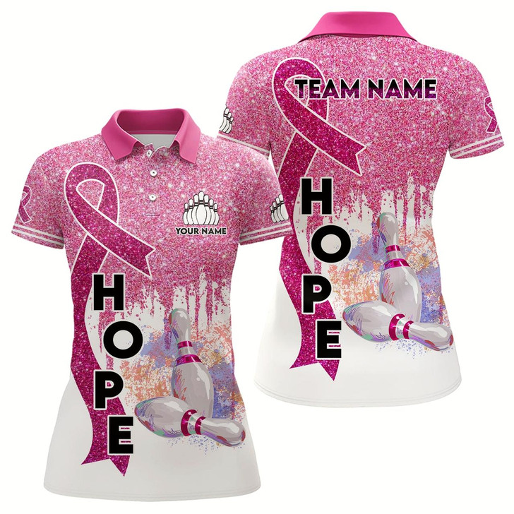 Goofygear Pink Glitter Ribbon Breast Cancer Awareness Bowling Jerseys Custom Team Bowling Polo Shirt For Women