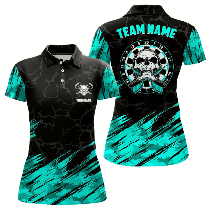 Goofygear Personalized All Over Print Skull Darts Polo Shirt Turquoise Black Women Dart Jerseys