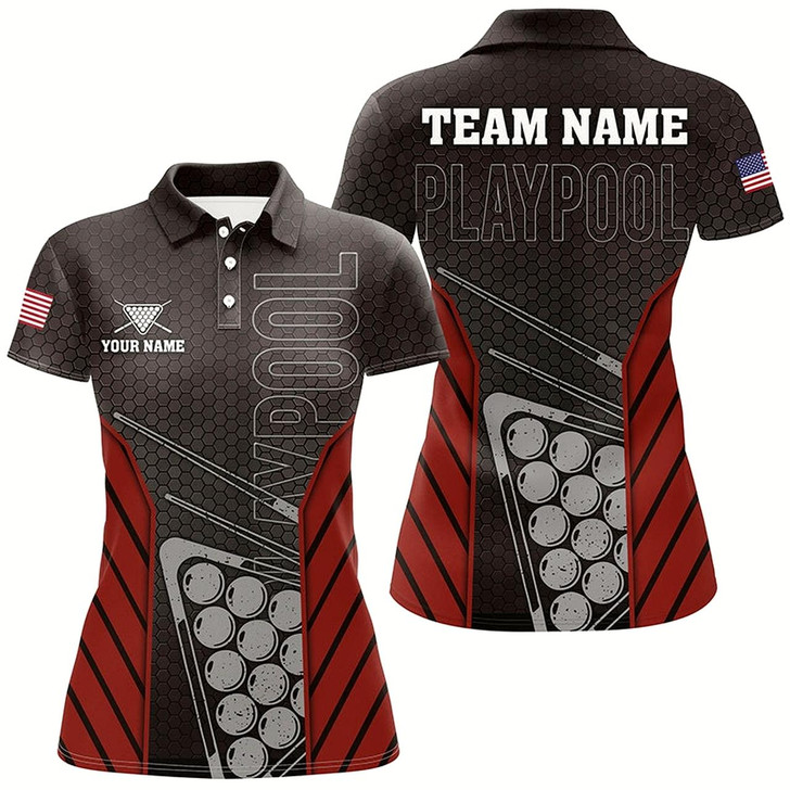 Goofygear Black Red Billiard Play Pool Custom Name Polo Shirts For Women, Personalized Pool Player Gifts