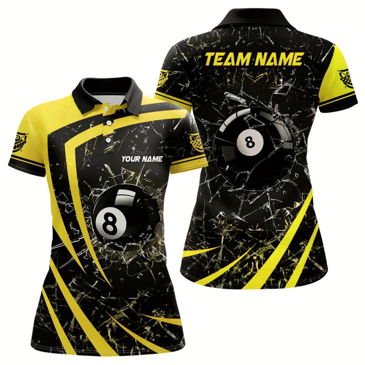 Goofygear Personalized Yellow Glass Break 8 Ball Billiard 3D Polo Shirts For Women, Custom 8 Ball Pool Jerseys