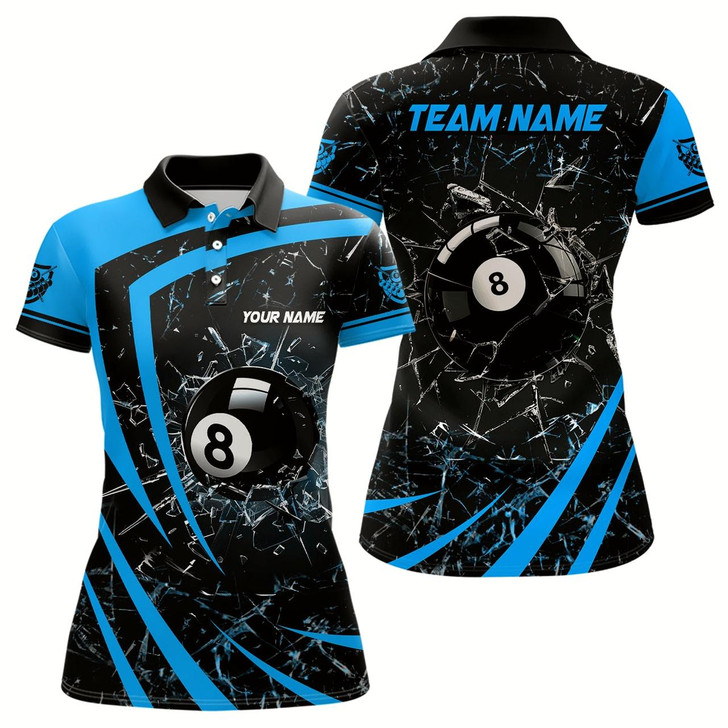 Goofygear Personalized Blue Glass Break 8 Ball Billiard 3D Polo Shirts For Women, Custom 8 Ball Pool Jerseys