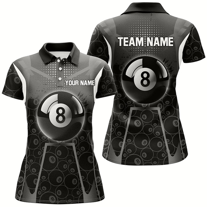 Goofygear Personalized White Black 8 Ball Billiard 3D Polo Shirts For Women, Custom 8 Ball Pool Pattern Jerseys