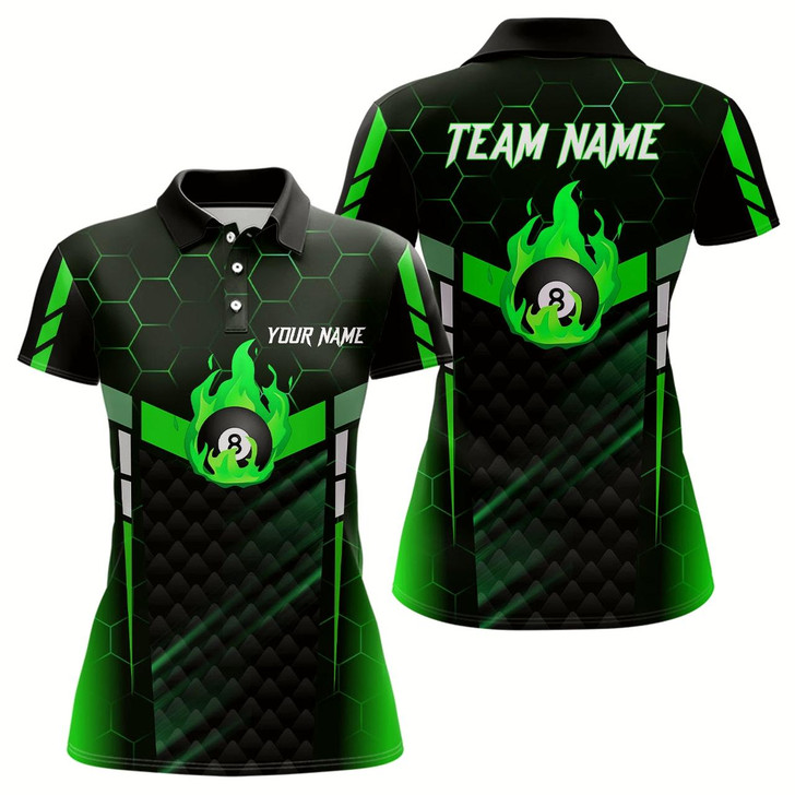 Goofygear Personalized Green Fire 8 Ball Billiard 3D Polo Shirts For Women, Custom 8 Ball Pool Team Jerseys