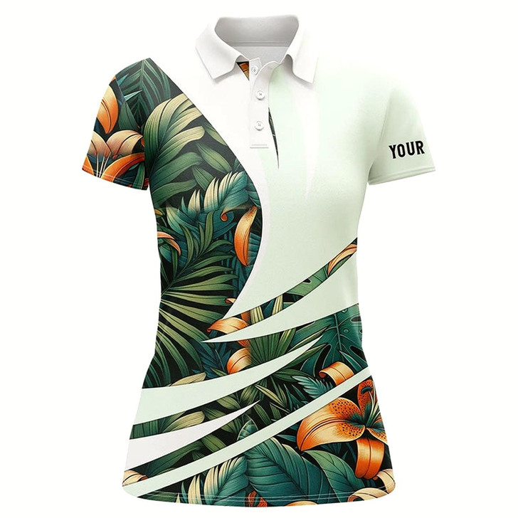 Goofygear Womens Golf Polo Shirts Custom Green Tropical Flower Pattern, Best Ladies Golf Wear
