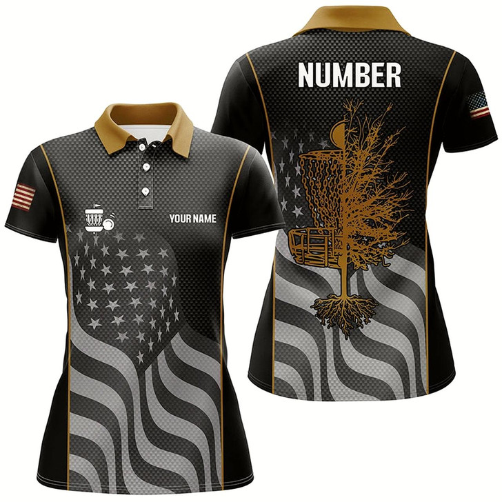 Goofygear Orange Black American Flag Womens Disc Golf Polo Shirt Custom Name, Number Patriotic Disc Golf Jersey