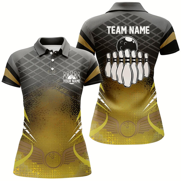 Goofygear Women Bowling Polo Shirt Custom Black Gold Bowling Ball Pins Team League Jersey, Bowling Gift
