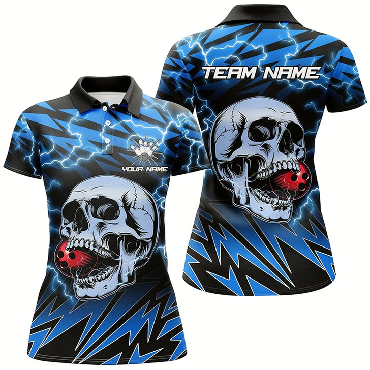 Goofygear Women Bowling Polo Shirts Custom Blue Lightning Thunder Skull Bowling Team Jersey, Gift For Bowlers