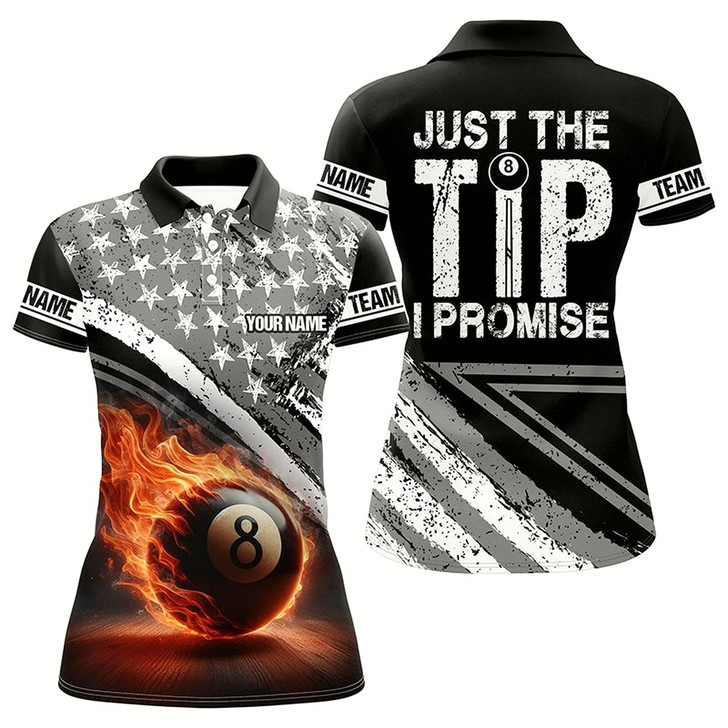 Goofygear Personalized Us Flag 8 Ball Pool 3D Polo Shirts For Women, Just The Tip I Promise Billiard Jerseys