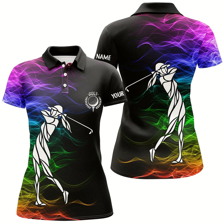 Goofygear Personalized Colorful Rainbow Smoke Pattern Black Womens Golf Polo Shirts Custom Ladies Golf Tops