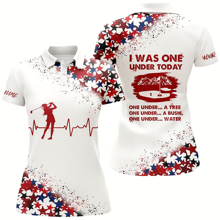 Goofygear Womens Golf Polo Shirt Custom Red White And Blue Stars Pattern I Was One Under Today Tree, Bush, Water