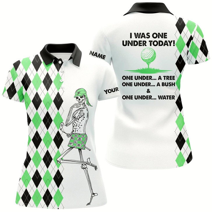 Goofygear Golf Skull Green Argyle Plaid Pattern Women Golf Polo Shirts Custom I Was One Under Today Tree, Bush