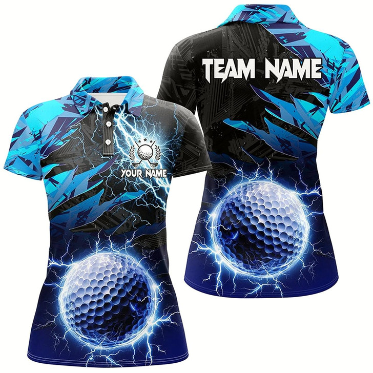 Goofygear Blue Camo Lightning Thunder Golf Ball Custom Womens Golf Polo Shirts, Golf Apparel For Ladies
