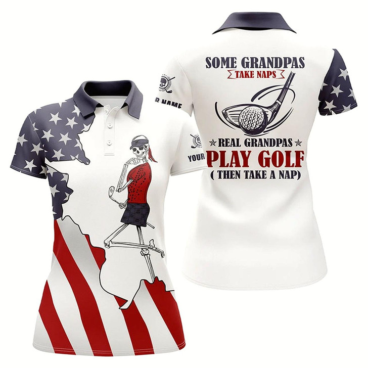 Goofygear American Flag Patriotic Women Golf Polos Shirt Custom Skull Grandmas Take Naps Real Grandmas Play Golf