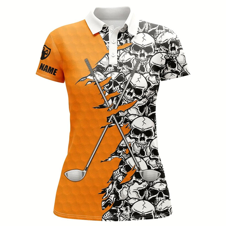 Goofygear Womens Golf Polo Shirts Custom Orange Halloween Skull Golf Club, Skull Pattern Golf Performance Shirts