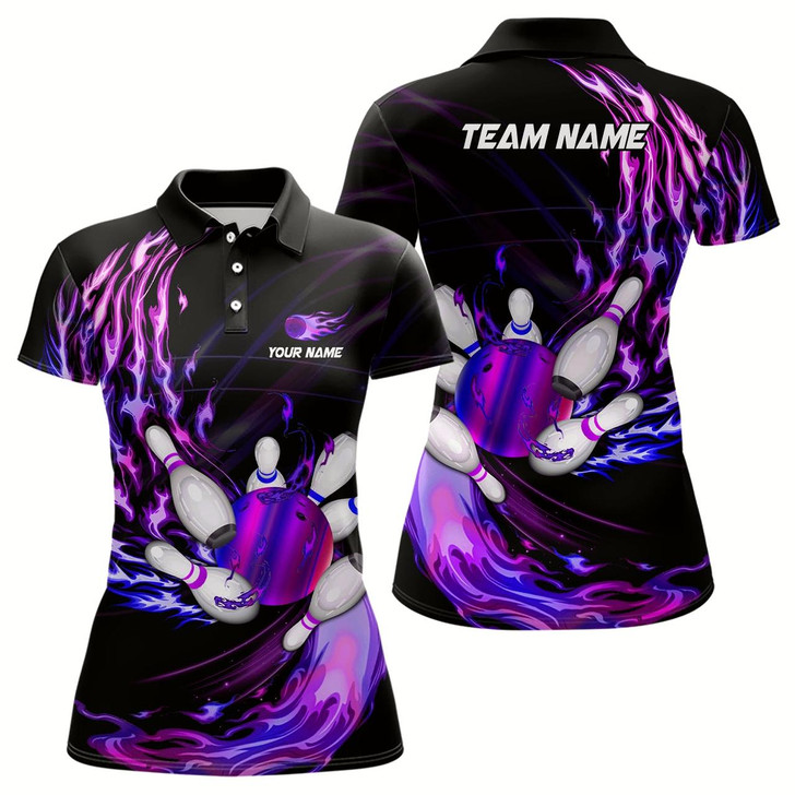 Goofygear Womens Bowling Polo Shirts Custom Purple Flame Bowling Ball And Pins Team League Bowler Jersey