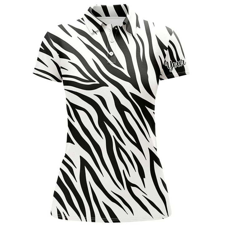 Goofygear Black And White Zebra Pattern Womens Golf Polo Shirts Custom Name Gift For Golf Lovers