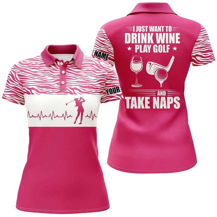 Goofygear Funny Pink Womens Golf Heartbeat Polo Shirt Custom I Just Want To Drink Wine, Play Golf And Take Naps