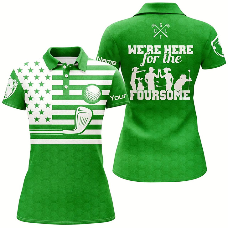 Goofygear Green And White American Flag Womens Golf Polo Shirts Custom We'Re Here For The Foursome Golf Gifts