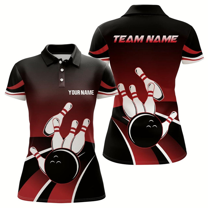 Goofygear Red And Black Women Bowling Polo Shirts Custom Bowling Ball Pins Team Jersey, Gift For Team Bowlers