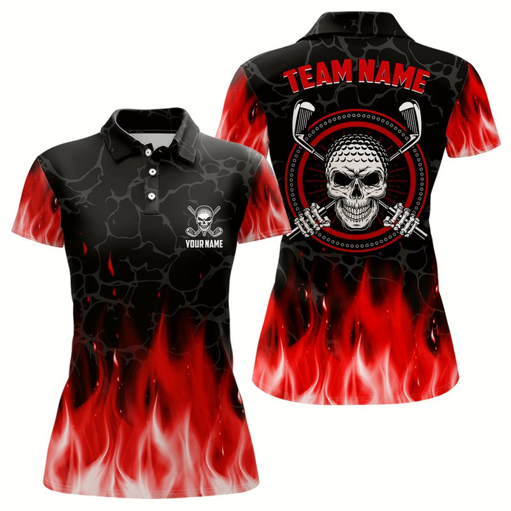 Goofygear Personalized 3D All Over Print Skull Womens Golf Polos Red Fire Flame Golf Shirts For Women