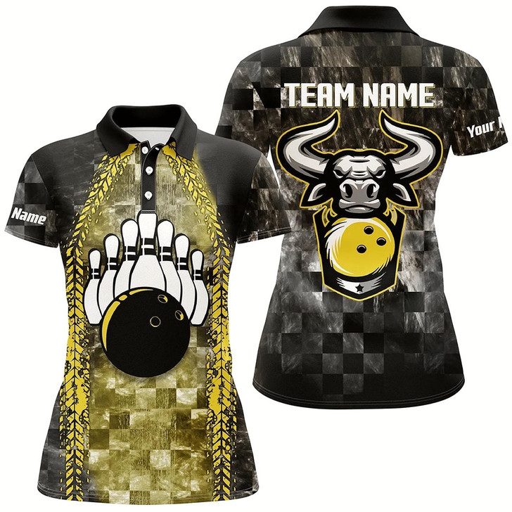 Goofygear Bowling Bull Black And Yellow Women Bowling Polo Shirts Custom Bowling Ball Pins Team League Jersey