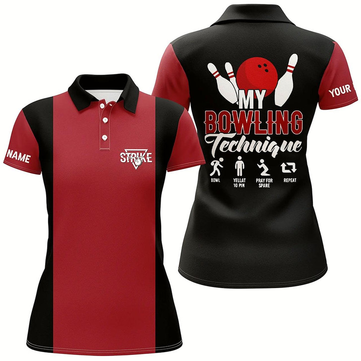 Goofygear Red Black Vintage Womens Bowling Polo Shirt Custom My Bowling Technique Strike Bowling Team Jersey
