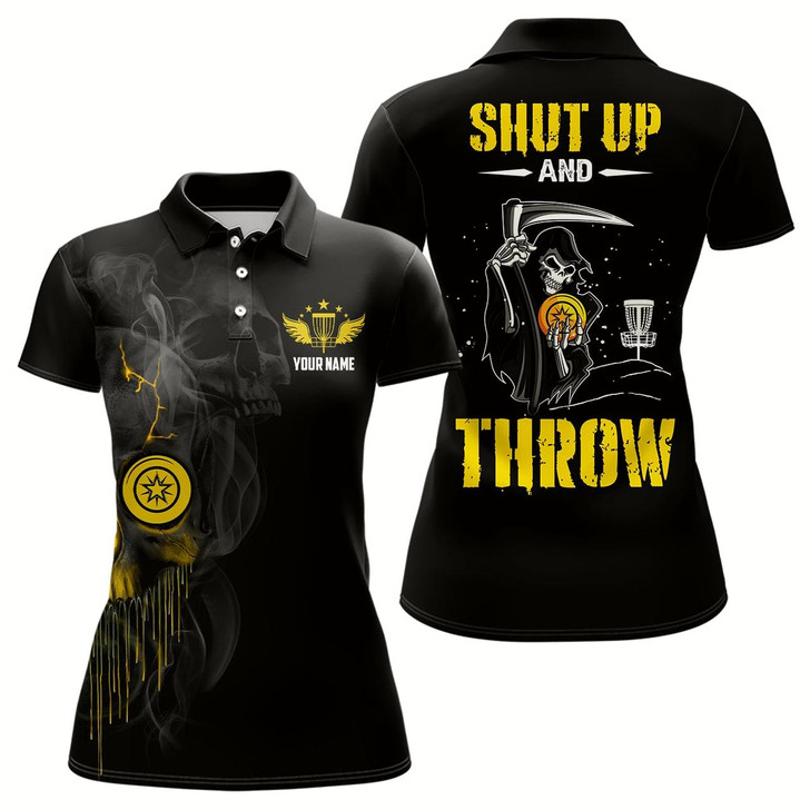 Goofygear Custom Shut Up And Throw Smoky Skull Yellow Disc Golf Polo Shirts Scary Golf Gifts For Women