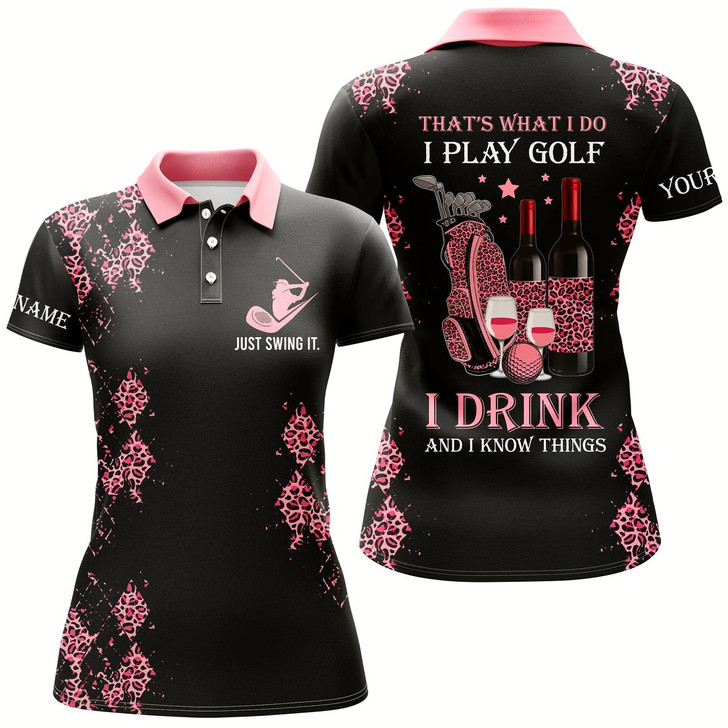 Goofygear Pink Leopard Womens Golf Polo Shirts Custom Name Funny Golf Wine That'S What I Do, I Play Golf