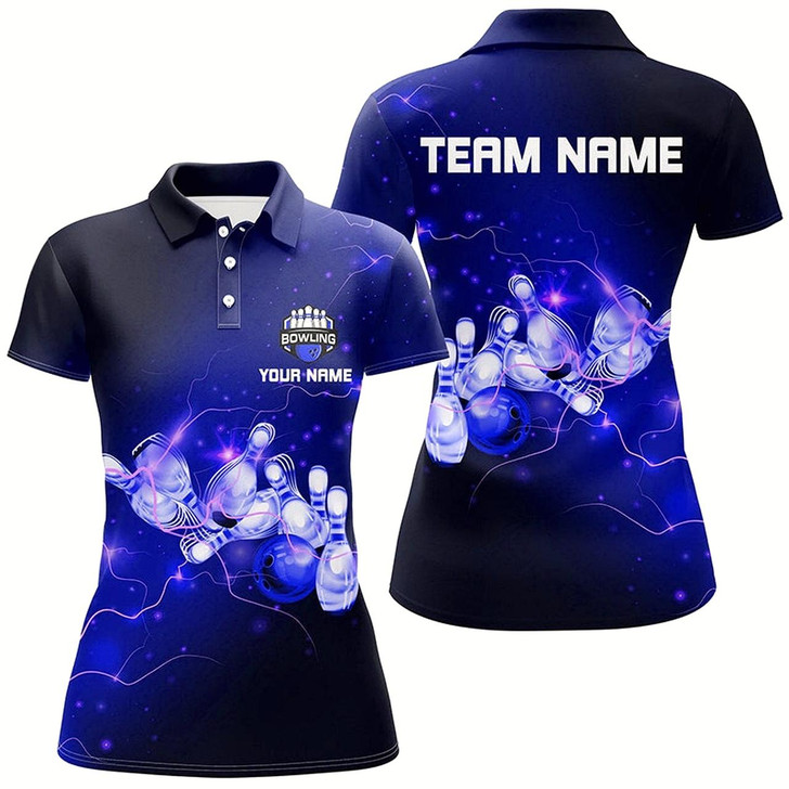 Goofygear Womens Bowling Polo Shirts Custom Blue Flashes Of Lightning Thunder Bowling Team Ladies Bowler Jerseys