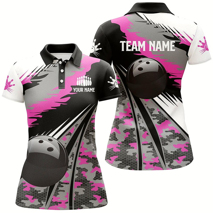 Goofygear Womens Bowling Polo Shirts Custom Black Ball Pink Camo Bowling Team Jersey, Gift For Girl Bowlers