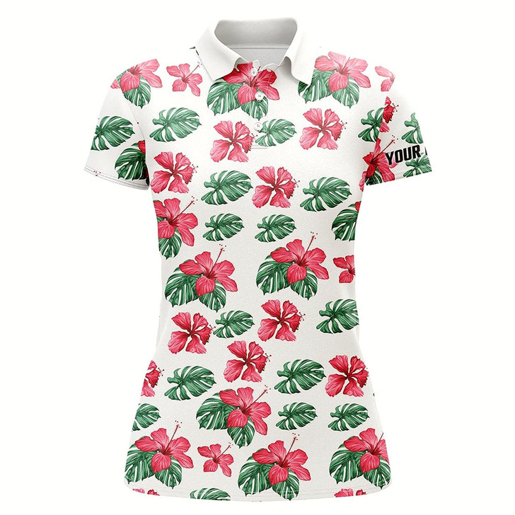 Goofygear Womens Golf Polos Shirts Custom Name Green Tropical Pattern Hibiscus Flower Golf Tops For Ladies