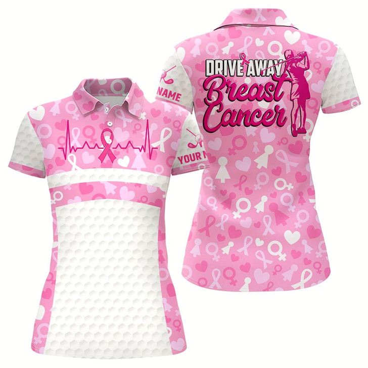 Goofygear Drive Away Breast Cancer Pink White Golf Shirt Heartbeat Ribbon Cute Golf Shirts For Women