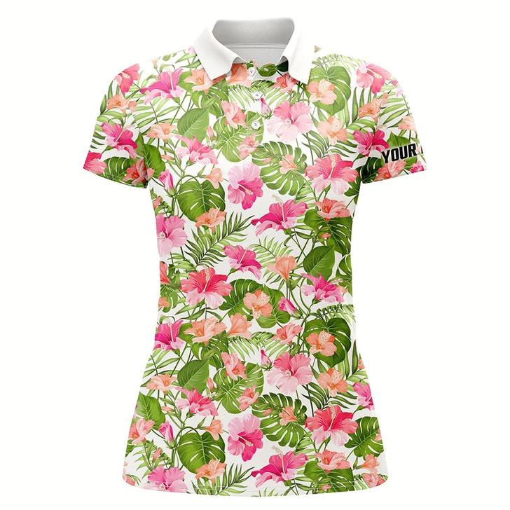 Goofygear Womens Golf Polos Shirts Custom Name Blooming Hibiscus And Palm Tropical Pattern Golf Tops For Ladies
