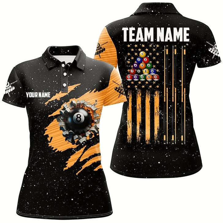 Goofygear Customized Grunge American Flag 8 Ball Pool Women Billiard Polo Shirts, Pool Player Shirts Orange