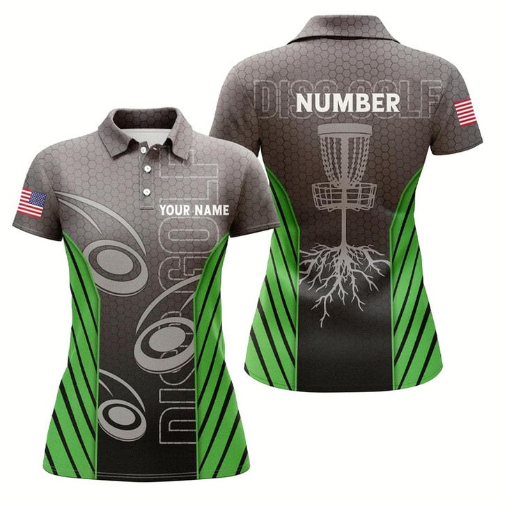Goofygear Womens Disc Golf Polo Shirt Custom Name, Number Camo Disc Golf Jersey, Ladies Disc Golf Apparel Green