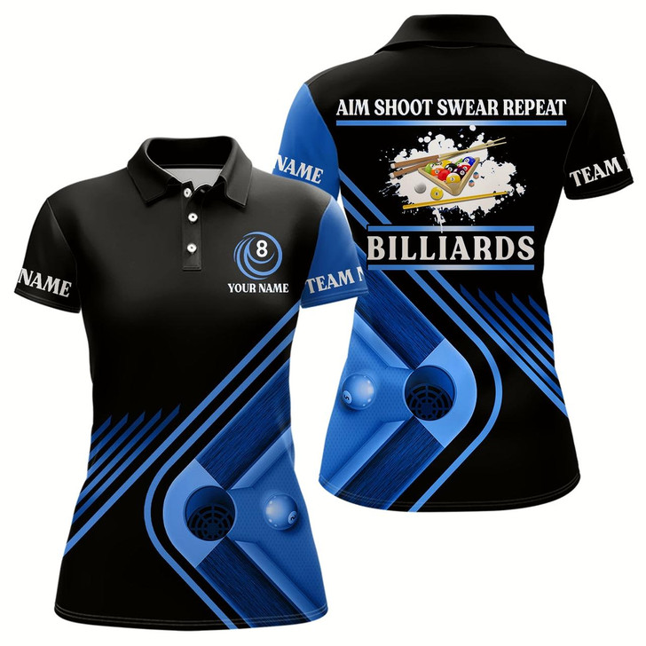 Goofygear Billiards Aim Shoot Swear Repeat Custom Billiard Polo Shirts For Women, Blue Women Billiard Jerseys