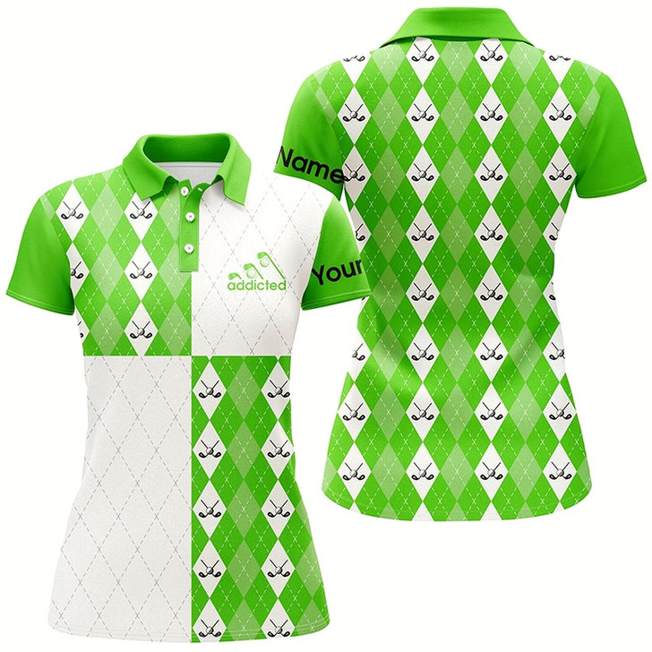 Goofygear Golf Addicted Womens Golf Polo Shirts Custom Name Green And White Golf Ball Clubs Argyle Plaid Pattern