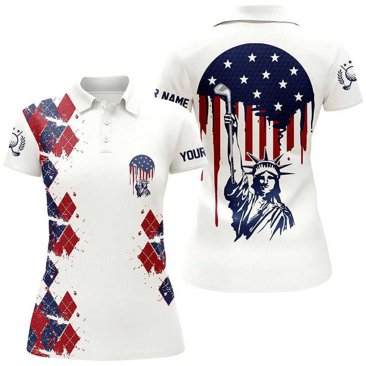 Goofygear Statue Of Liberty 4Th Of July American Flag Argyle Golf Polos Patriotic Golf Shirts For Women