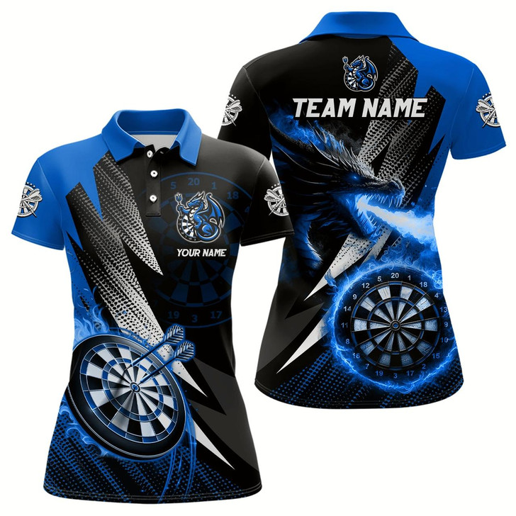 Goofygear Personalized Striking Black And Blue Flaming Dragon Dart Shirts For Women Custom Dart Team Jerseys