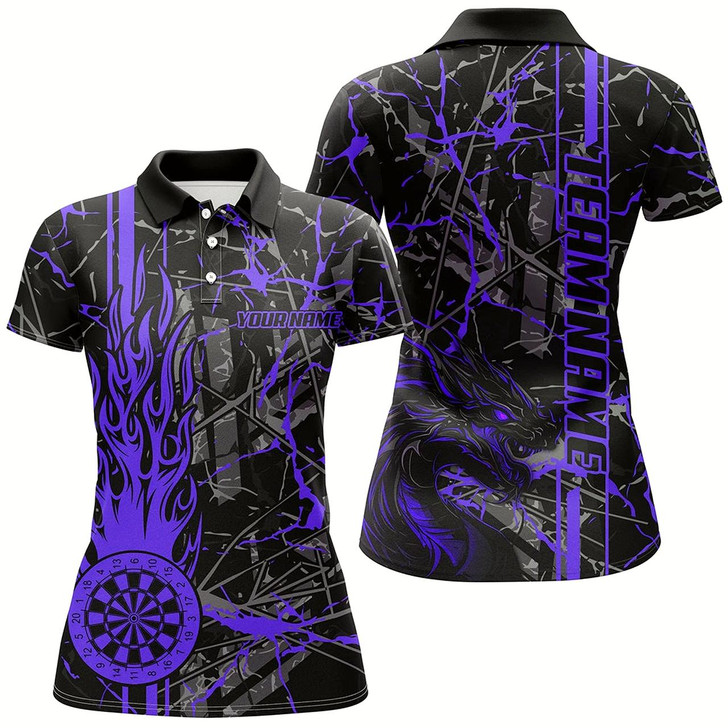 Goofygear Purple Grunge Dart Jerseys For Women, Fire Flame Dart Board Custom Name Dragon Darts League Shirts