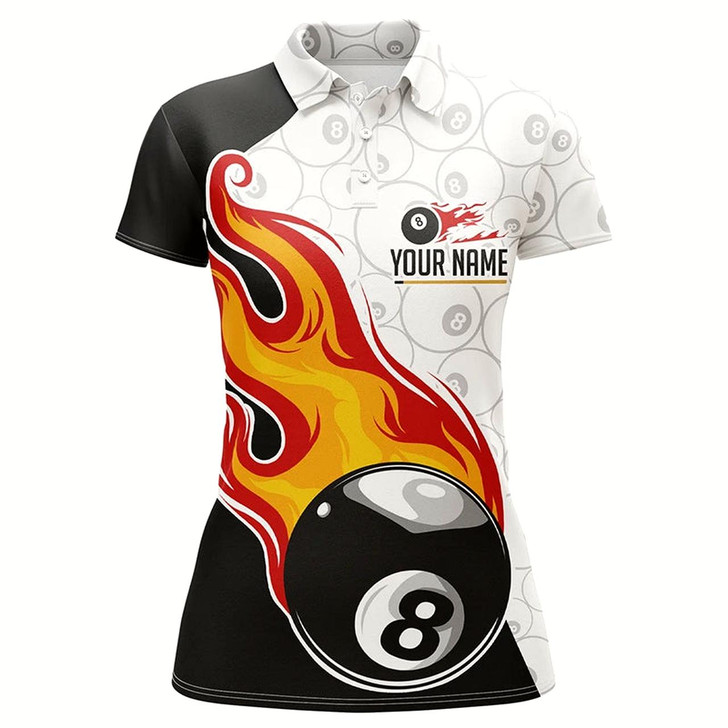 Goofygear Personalized Billiard 8 Ball Fire Flame Polo Shirts For Women, Custom 8 Ball Pattern Billiard Shirts