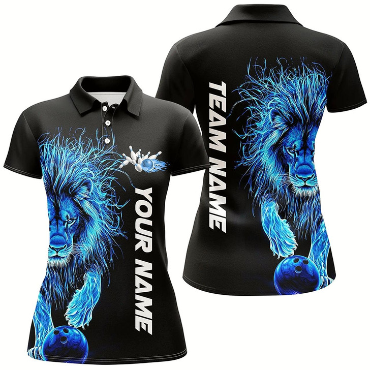 Goofygear Blue Lion Custom Bowling Short Sleeve Shirts For Women, Lion Bowling Team Shirt Outfits Style 2